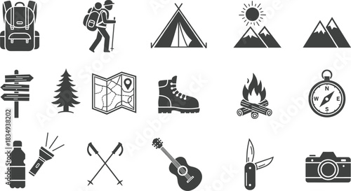 Camping & Hiking Icon Set – Backpack, Hiker, Tent, Mountains, Map, Boots, Campfire, Compass, Flashlight, Knife, Camera Vector