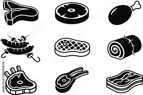 BBQ Meat Icon Set – Steaks, Sausages, Chicken Leg, Bacon, Ham, Lamb Chops, Butcher Vector