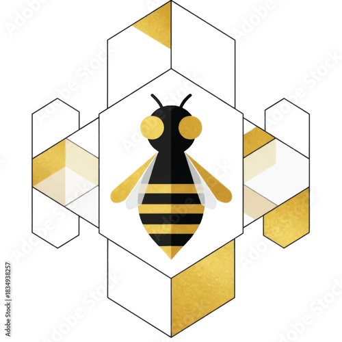 Stylized Bee Illustration with Geometric Honeycomb Pattern.