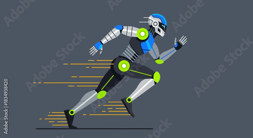 A futuristic robot, rendered in vector illustration, sprints at high speed with motion blur on a dark background, conveying action and advanced technology.