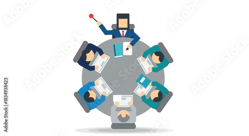 An overhead flat lay illustration depicts a business leader conducting a meeting at a round table with workers on laptops, with a clean, white background.