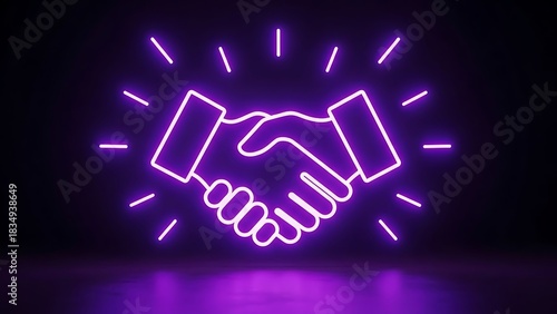 Glowing neon handshake symbol on dark background representing partnership and agreement.