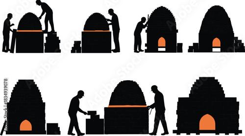 Workers constructing traditional brick kiln oven with fire chamber, masonry craftsmanship process, handmade furnace building for pottery and baking, vector illustration