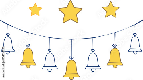 Decorative festive garland illustration featuring shining yellow stars and a charming arrangement of outlined and golden ringing bells, ideal for holiday celebrations and joyful event designs