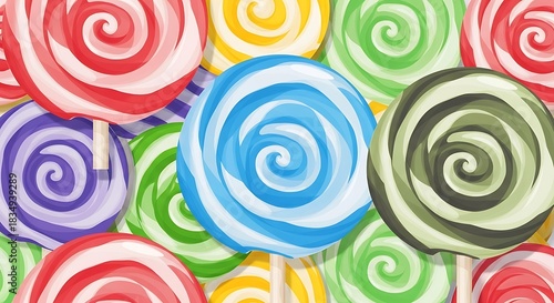 Swirled lollipops in vibrant colors fill the frame.
