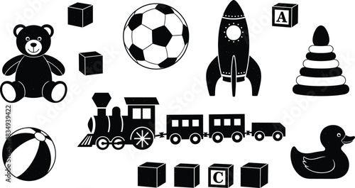 Kids Toy Silhouette Set – Teddy Bear, Train, Rocket, Ball, Rubber Duck, Blocks Vector