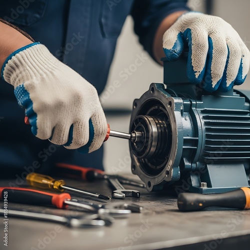 Mechanic with gloves repairs electric motor using tools on workbench.