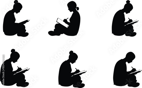Young woman sitting and writing in notebook, silhouette illustration of female student studying, creative learning, education and inspiration concept