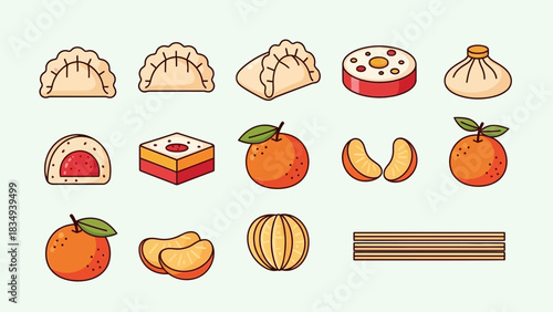 Assorted asian treats including dumplings and mandarin oranges for lunar new year