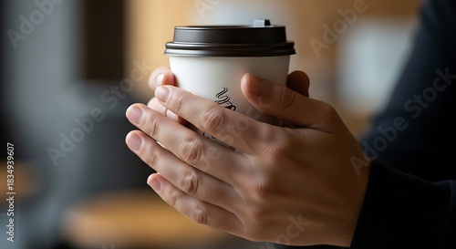 Person holding a hot beverage in a disposable cup.