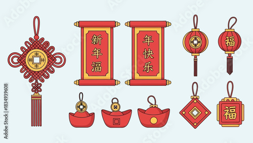 Chinese new year decorations featuring lanterns scrolls knots and lucky money symbols