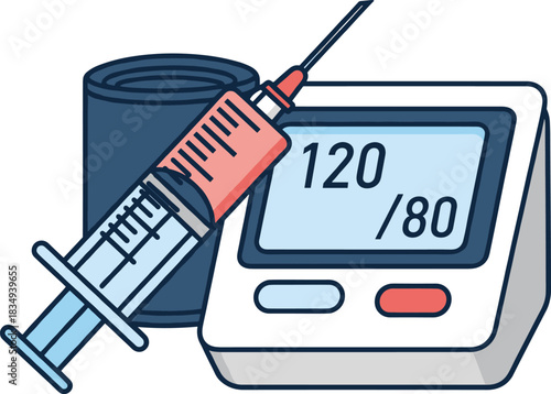 Medical Blood Pressure Monitor & Syringe Illustration — Healthcare Equipment Icon