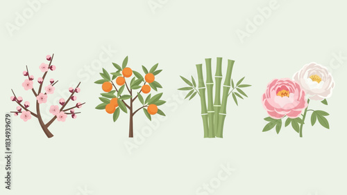 Four symbols featuring plum blossoms oranges bamboo and peonies on light green