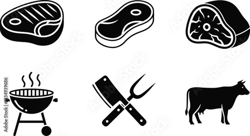 Meat & BBQ Icons Set — Steak Cuts, Grill, Butcher Tools & Cow Silhouette Vector