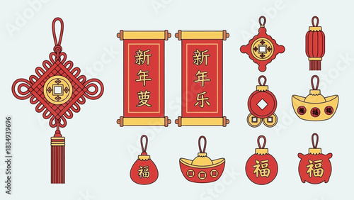 Chinese new year decorations featuring knots scrolls lanterns and lucky symbols art