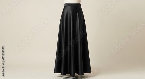 Black satin maxi skirt flows elegantly on a mannequin against a neutral background.