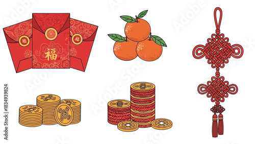Chinese new year decorations featuring red envelopes oranges coins and a lucky knot