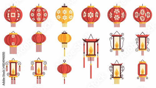 Assorted chinese new year lanterns in red and gold colors for festive decorations