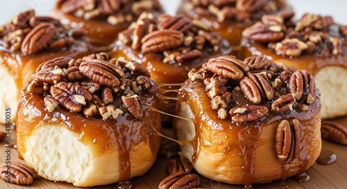 Freshly baked cinnamon rolls are topped with sticky caramel and crunchy pecans.