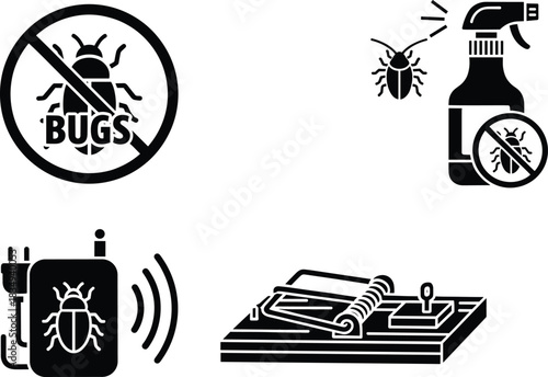 Pest Control Icon Set – Bug Killer Spray, Insect Repellent, Electronic Device, Mousetrap Vector