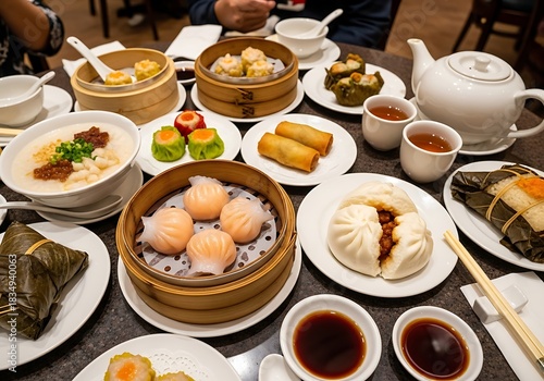 A diverse selection of Asian dishes and tea is beautifully arranged on a table.