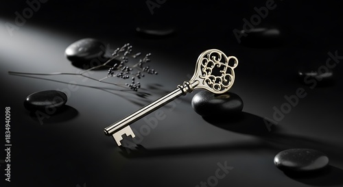 Ornate vintage key rests on smooth dark stones with delicate dry plant.
