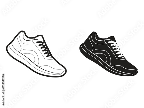 Set of two sneaker icons, one outline and one solid black silhouette, representing athletic footwear isolated on white background.