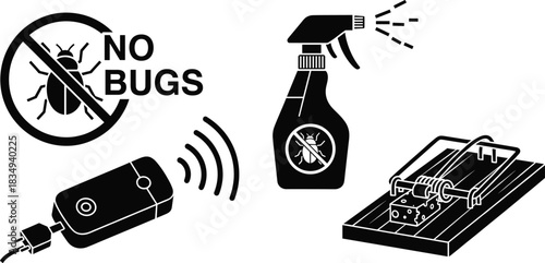 Pest Control Icon Set – No Bugs Sign, Insect Spray, Electronic Repeller, Mousetrap Vector