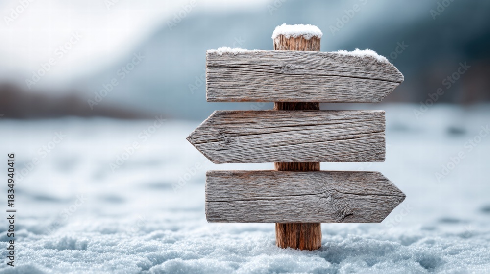 Obraz premium Wooden signpost in a snowy landscape