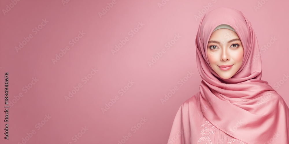 Fototapeta premium Woman wearing hijab portrait against pink background copy space