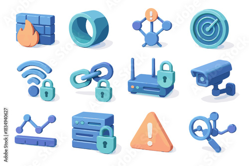 Camera shield network security icon magnifier d radar detection connection vector packet