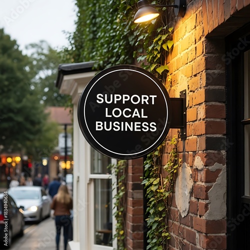 Circular sign encourages supporting local businesses on a brick building.