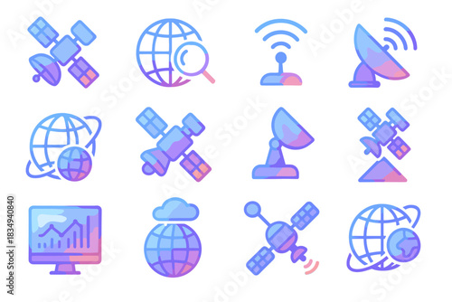 D vector station observation camera satellite detection data icon earth remote orbit