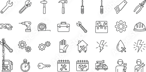 Tools & Maintenance Icon Set – Wrenches, Hammers, Screwdrivers, Drill, Saw, Toolbox, Hard Hat, Gears, Handyman & Service Vector