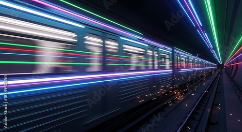 A train speeds through a futuristic tunnel with glowing neon lights.
