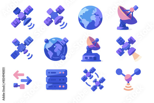 Satellite vector uplink d relay beam network signal icon map waves