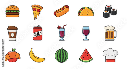 Flat vector icons of diverse food and drink items are arranged on a white background, featuring bright colors and simple outlines in a cartoon illustration style.