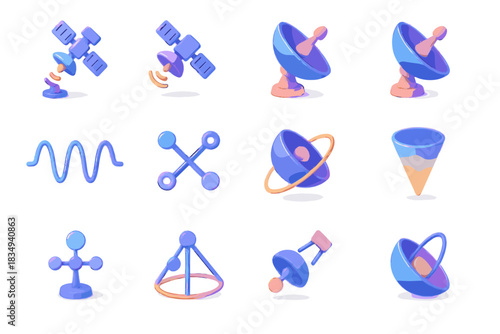Frequency icons path transmission node antenna signal beam vector satellite icon orbital