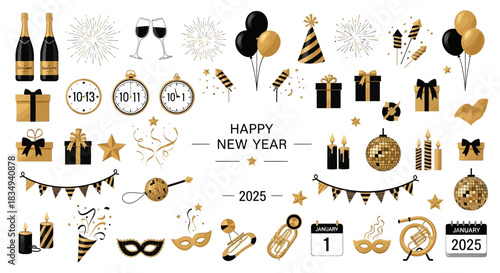 Flat lay illustration shows a collection of golden and black New Year's Eve party decorations and accessories on a clean, white background.