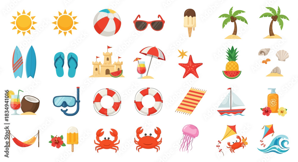 Obraz premium A flat vector illustration showcases various summer beach icons, including sunglasses, a beach ball, and crabs against a white background, evoking a bright and playful