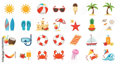A flat vector illustration showcases various summer beach icons, including sunglasses, a beach ball, and crabs against a white background, evoking a bright and playful