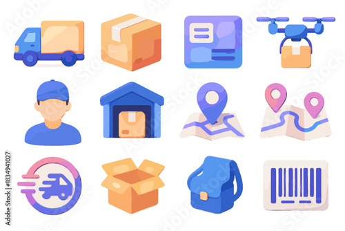 Package shopping courier vector person route online map barcode d icon bag