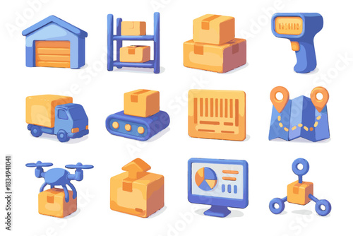 Vector supply online logistics icon truck package shopping warehouse barcode label conveyor