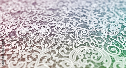 Delicate white lace fabric with a gradient of soft colors.