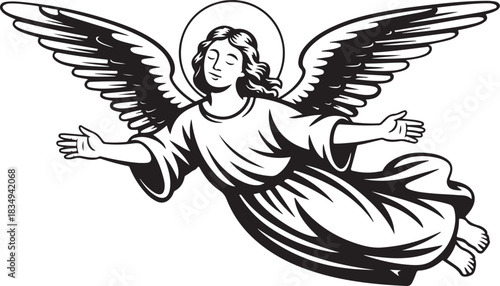 Black and white drawing of flying angel with halo open arms giving hope and spiritual support