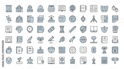 Collection of education and science related line icons on white background learning knowledge