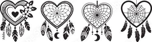 Ornamental heart shaped dreamcatcher with feather and flower illustration