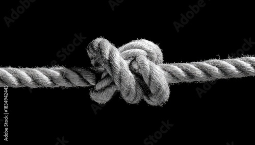 Black and white image of a rope tied in a complex knot, set against a solid black background