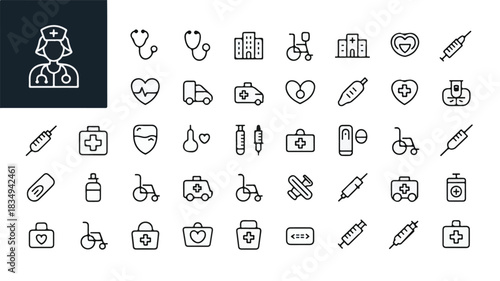 Collection of medical and healthcare line art icons on a dark background symbol stethoscope
