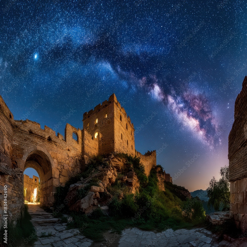 Fototapeta premium Ancient Stone Castle Ruins Under a Vibrant Night Sky with Milky Way Galaxy